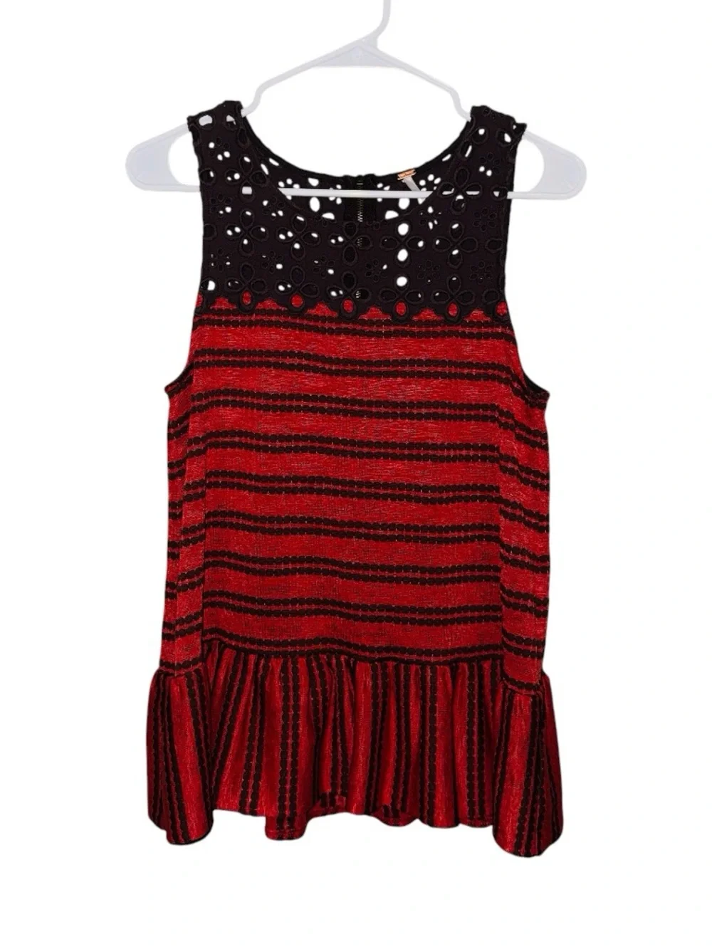 Free People Brown/Red Boho Sleeveless Red Striped Eyelet Western Peplum Top